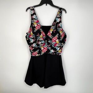 Catherines Womens Size 22 One Piece Swim Suit Dress Black Floral Soft Cup Bra